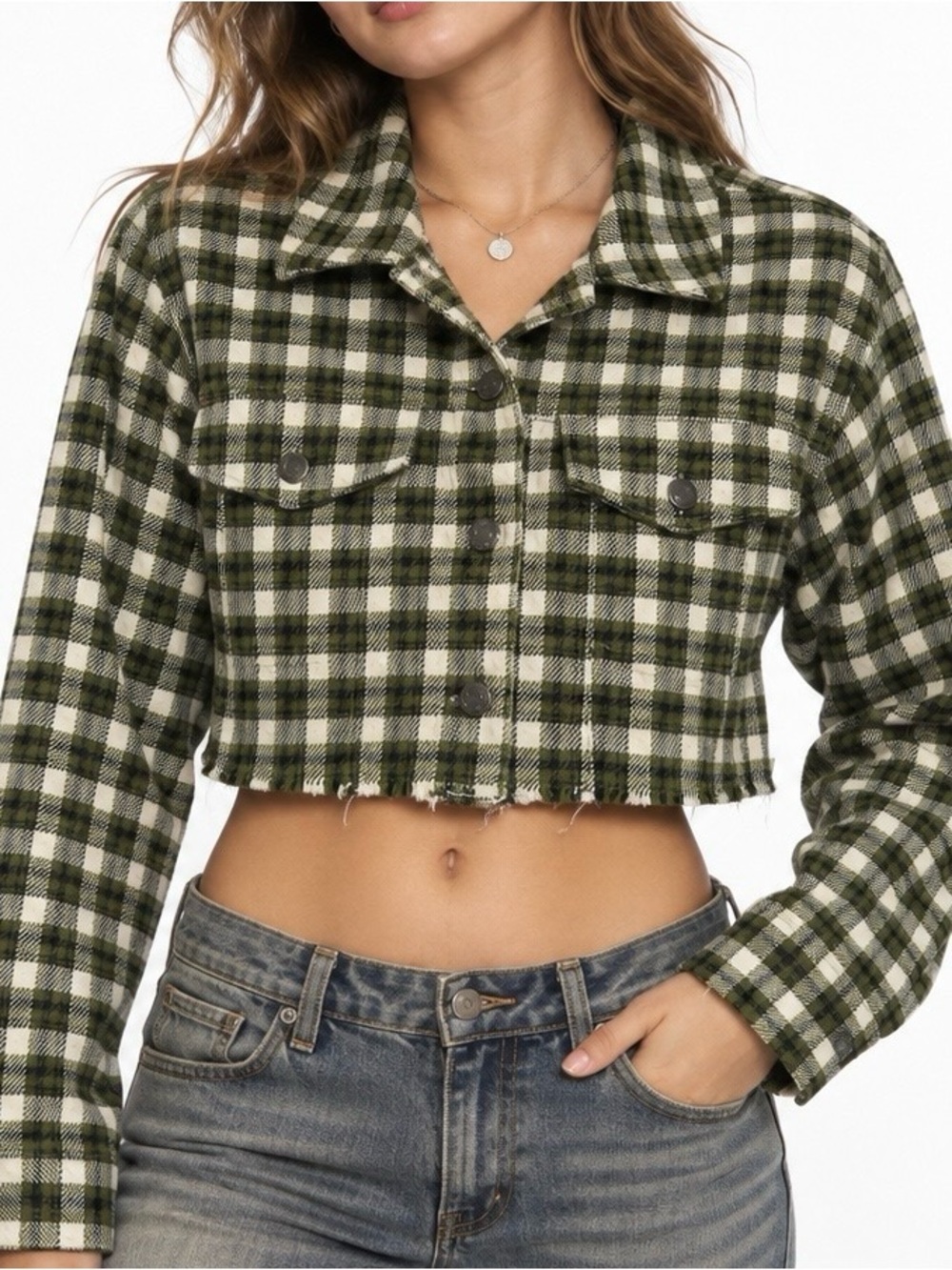 BDG Urban Outfitters XS Green Plaid Cropped Jacket Raw Hem Y2K Grunge